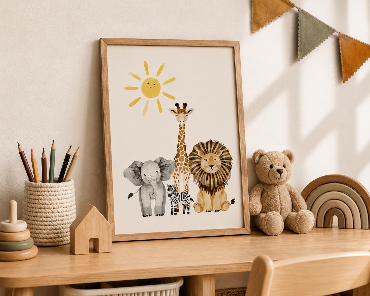 Children's room decor with framed artwork of animals, teddy bear, and toys on a wooden shelf.